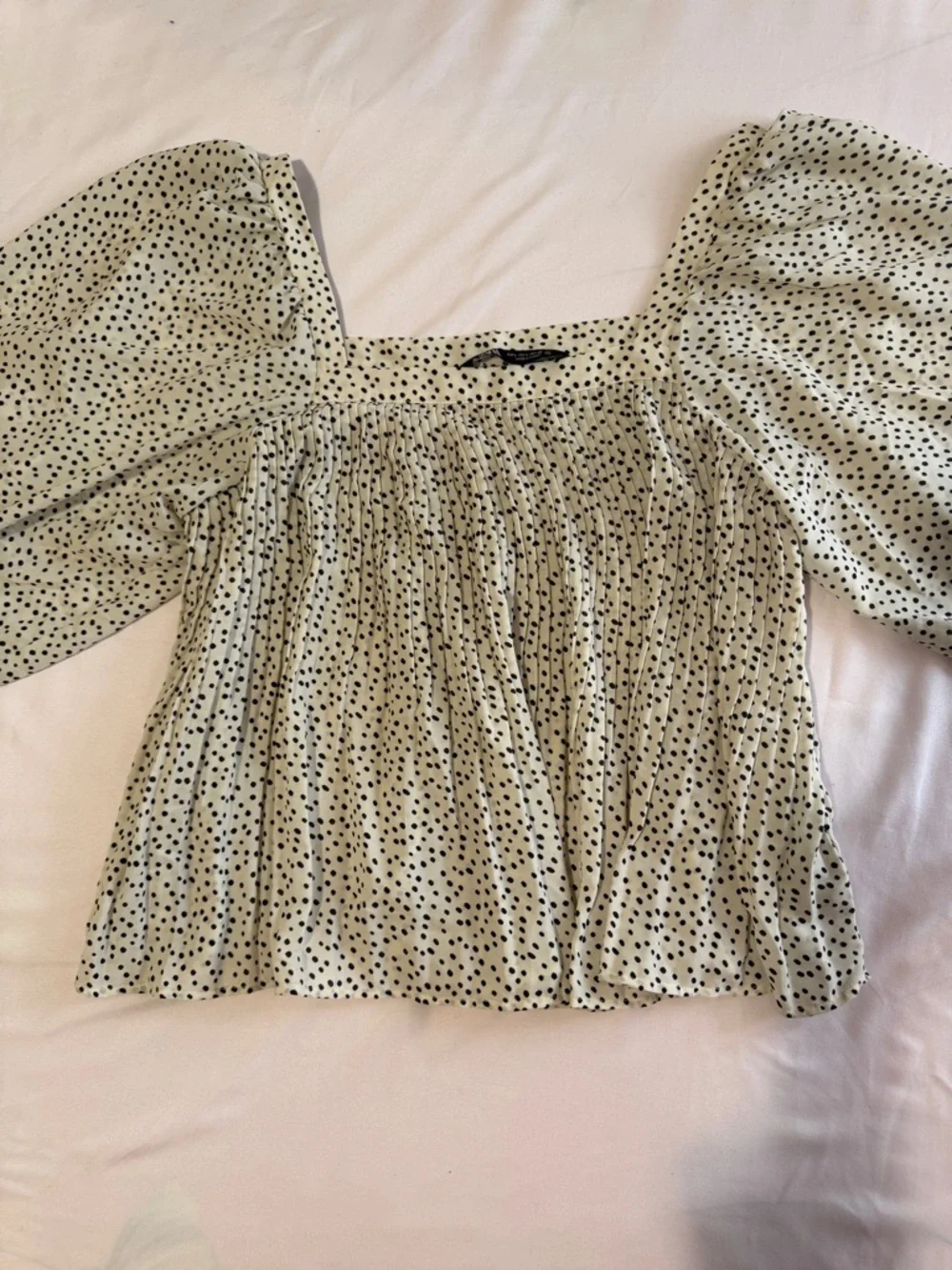 Zara Cream Polka Dot Smocked Square Neck Puff Sleeve Blouse L
